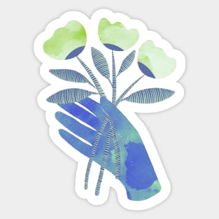 Blue hand with green flowers for you Sticker